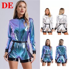 DE Damen Glänzend Metallisch Astronaut Overalls Bodys Halloween Cosplay Kostüme