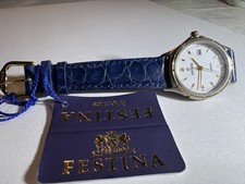 Festina Quarz Armbanduhr Weiß Gold Datum Blau Echtleder
