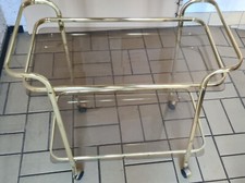 Vintage Rollwagen Servierwagen Teewagen Glastisch auf Rollen Messingfarben