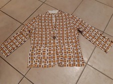 Pullover Jacke langarm Damen, Knöpfe, geom. Muster, senf/braun/weiß, Gr. M, Mali