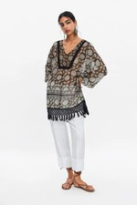 Zara Kimono Bluse Tunika Fransen Patchwork Häkel Spitze Strand Blumen Blouse S