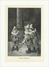 E. Louyot: Ausgelacht Kinder Clowns Fasching Kostüme Mützen Holzstich A 1517