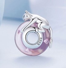 Charm Perle Rosa 925 Silber Murano Glas Katze - Anhänger für Pandora Armband