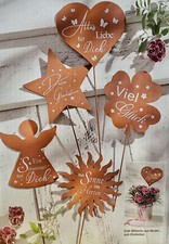 5 Dekostecker Sprüche NEU aus Metall in rost - braun Herz Engel Sonne Stern Klee