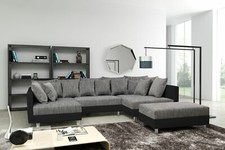 Wohnlandschaft Sofa Couch Ecksofa Eckcouch + Hocker schwarz / hellgrau Minsk XXL
