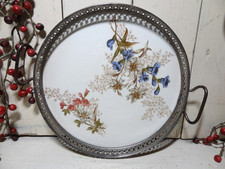 Tablett,Metallmontur,Keramik,Floral,Enzian,Blumen,rund,shabby,vintage,Jugendstil