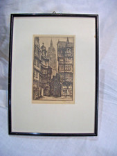 Frankfrut a. M. Blick v. Römerberg z. Dom Druck Linol Holzstich ? signiert Holzr