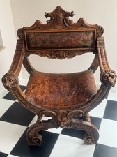 Antik Scherenstuhl Stuhl  Ritterstuhl Reichlich Geschnitzt Original Alt 1880