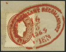 ÖSTERREICH 1863, 10 Kr. braun, vollständiger roter Ovalstempel WIEN 