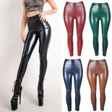 Damen Skinny PU Leder Leggings Fitness Glanz Schlank Wet-Look Hose Optik Leggins
