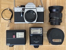 Praktica LTL Kamera-Set mit Objektiv Vivitar 28mm, 2 Blitzgeräte, Teleplus 2x
