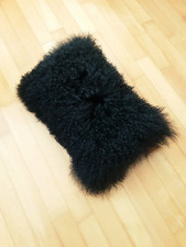Kissen Tibetlamm-Fell Langhaar-Lammfell schwarz 50x32 cm Federinlett NEU