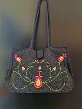 STUDIO PARIS - Damen Tasche Stoff Henkel schwarz bestickt Blumen Boho Folklore