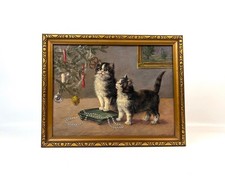 Antikes Katzen Weihnachtsbaum Ölgemälde signiert von G. Kosbek golden gerahmt 1900 