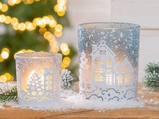 Gilde Windlicht "Schneelandschaft" Haus Tanne weiß grau Glas  Weihnachten Winter