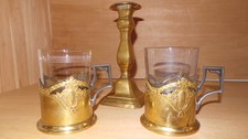 2  Messing Teegläser Teeglashalter mit Glaseinsätzen Jugendstil + Kerzenleuchter