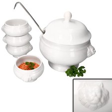 5tlg Set LEO Löwenkopf-Terrine mit & ohne Deckel 2L 0,25L weiß Suppen-Schale