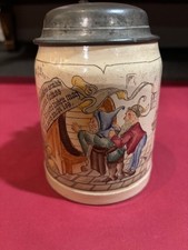 Antiker Keramik Krug Villeroy & Boch Zwergenmotiv um 1880 mit Zinndeckel 0,5 L.