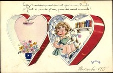 Künstler Ak Janser, Mädchen in seinem Herz-Zimmer, Hund, Blumen,... - 4157237