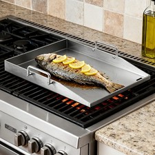 Edelstahl Grillplatte set | Plancha für Gasgrill und Holzkohlegrill mit Griff