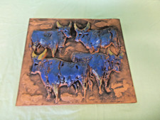 sehr altes Majolika Wandbild Nr. 7787 --  blaue Stiere -- 40x36 cm --Nachlass