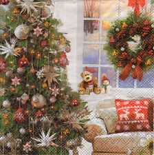 3 Cocktail Servietten ~ Weihnachten, Innenraum, Fenster, Kranz, Teddybär ~ 25x25