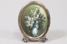 Miniaturmalerei Ölgemälde Blumen in Vase signiert im 800er Silberrahmen (BX2303)