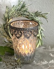 Großes Shabby WindlichtTeelichthalter Glas Bauernsilber  Metallrand,  H: 11 cm