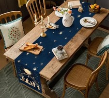 Weihnachtlicher Tischläufer 120/35 - dunkelbl./gold mit Motiv/ gewebt. Leinen