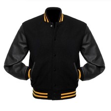 Schwarze Wolle Varsity Letterman Bomberjacke Echtleder Ärmel