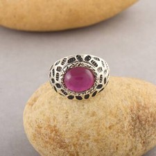 Rubin Ring Sterling Silber 925 Boho Statement Natur Handarbeit Vintage Cabochon