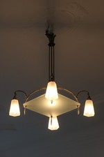 Art Déco Deckenlampe, Kronleuchter, 20er /30er Jahre Messing, satiniertes Glas