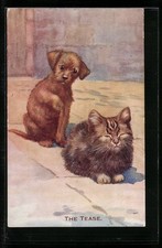 Ansichtskarte The Tease, Kleiner Hund wagt sich an schlafende Katze heran 1929 