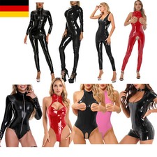 iEFiEL DE Damen Lack Leder Bodysuit Schritt offen Wetlook Jumpsuits Clubwear