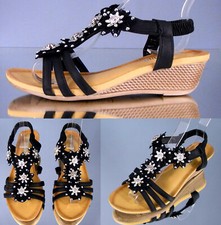 Damen Keil Sandaletten mit 4cm Keilabsatz Wedge Glitzer Blumen Sommerschuhe 