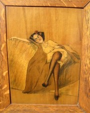 Traumhaftes coloriertes ArtDeco Intarsienbild frivole Darstellung um 1910 - 1920