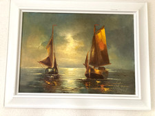 Original Öl Gemälde Bild Segelboote Abendstimmung Düsseldorfer Maler Signiert