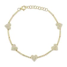 14K Gelbgold Diamant Pave Herz Armband Natürlich 0,55 CT Rundschliff