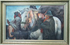 Ölgemälde Kutscher beim Anzünden einer Laterne Pferde Gespann alter Mann Wind