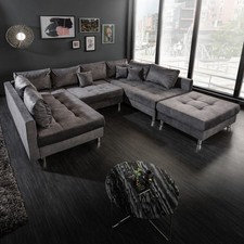 Moderne XXL Wohnlandschaft KENT 305cm grau Samt Bigsofa inkl. Hocker Federkern