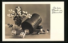 Würfelbecher mit Pilzen und Blumen, Neujahresgruß, Spiel, Ansichtskarte 