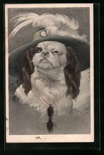 Pekinese mit Feder am Hut und Halskette, Ansichtskarte 1912 