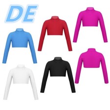 DE Kinder Mädchen Crop Top Solid Color Shirt  Lange Ärmel Tanzen Bühne Workou