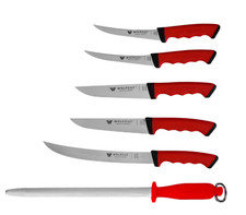 Metzgermesser-Set 6-tlg.-Ausbein-Stech-Fleischer-Zerlegemesser, Wetzstahl RED