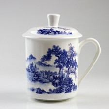 Chinesische Teetasse "Landschaft", große Deckel-Tee-Tasse, blau-weiß Porzellan