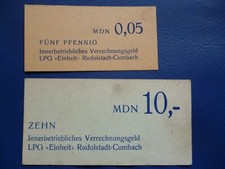 DDR-Ersatzgeld, 0,05 und 10 MDN Wertschein der LPG "Einheit" Rudolstadt-Cumbach