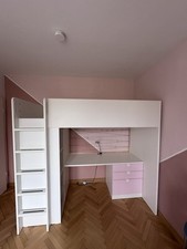 Kinderbett  Hochbett, weiß blassrosa/mit Schreibtisch 4 Schubladen, 90x200 cm