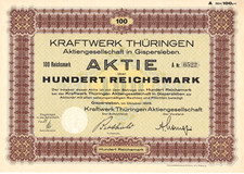 Kraftwerk Thüringen Aktiengesellschaft in Gispersleben - Aktie 100 RM - 1929