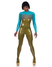 Libidex Latex Letha Catsuit Brustfrei Metallic Old Gold Türkis Blau M Füßlinge