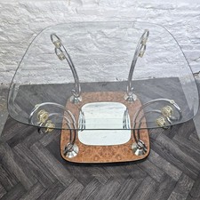 Vintage Unikat verzierter Couchtisch Chrom Nussbaum & Glas verspiegelt selten 56 cm H